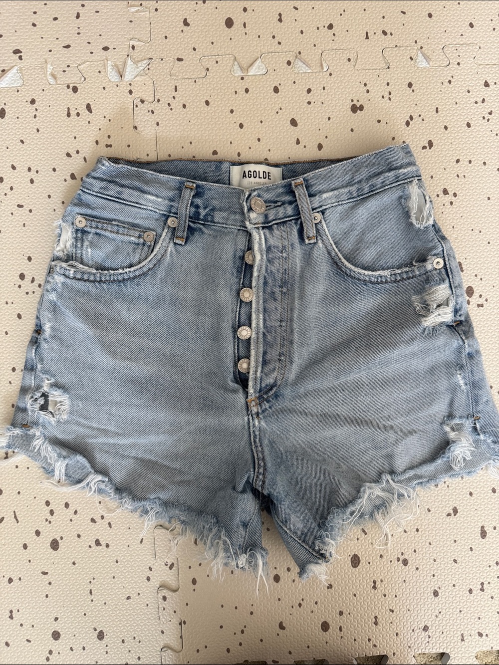 Agolde Light Wash High-Rise Distressed Button-Fly Denim Shorts